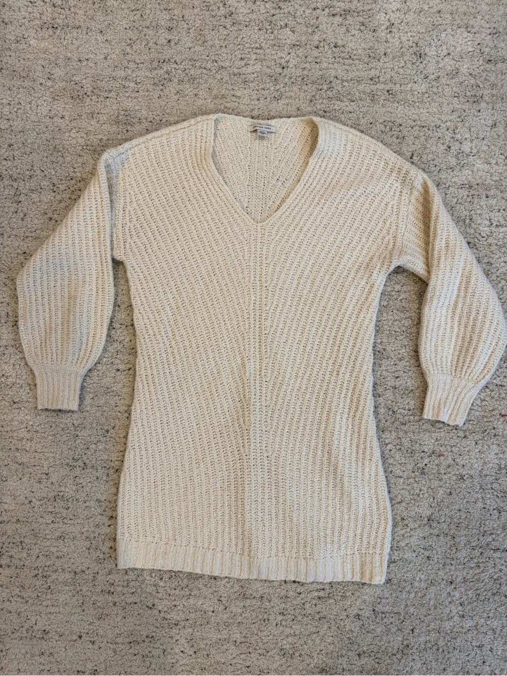 American Eagle Outfitters Cream V-Neck Ribbed Knit Sweater Dress